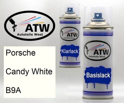 Porsche, Candy White, B9A: 400ml Sprühdose + 400ml Klarlack - Set, von ATW Autoteile West.